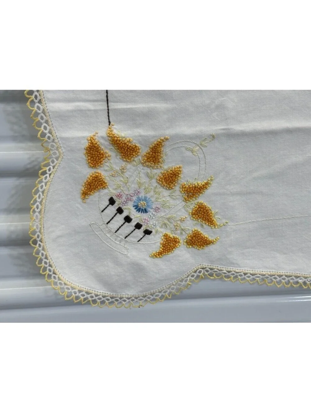 Hand Embroidered Vintage Floral Scalloped Edges Card Table Tablecloth Topper